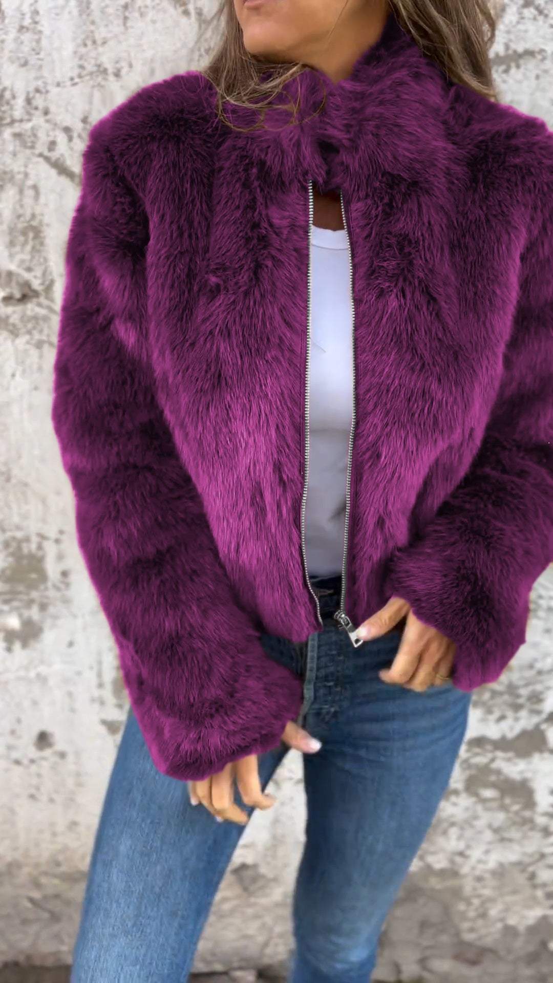 Giacca Casual da Donna con Collo Alto e Cerniera in Pelliccia