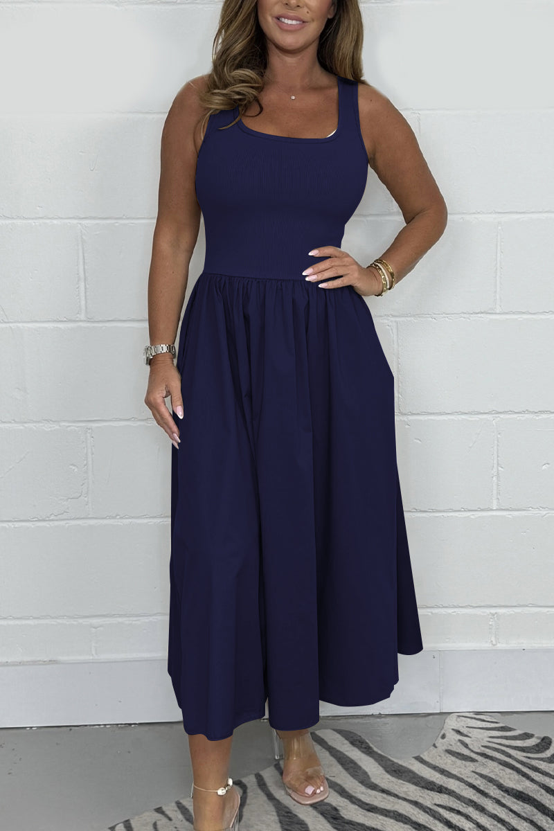 Solid Color Flared T Shirt Midi Dress