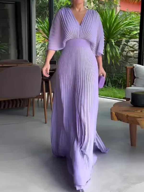 NUOVO🔥 Abito a pipistrello con cerniera e fiocco posteriore in chiffon con scollo a V - Tasse Escluse