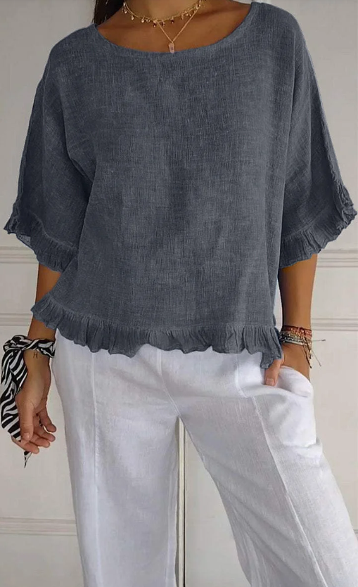 🔥Saldi di liquidazione🔥 Top da donna in cotone e lino con scollo tondo e balze