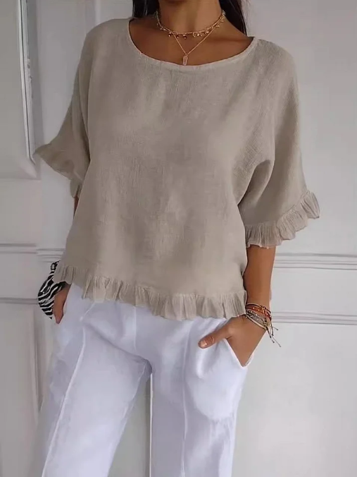 🔥Saldi di liquidazione🔥 Top da donna in cotone e lino con scollo tondo e balze