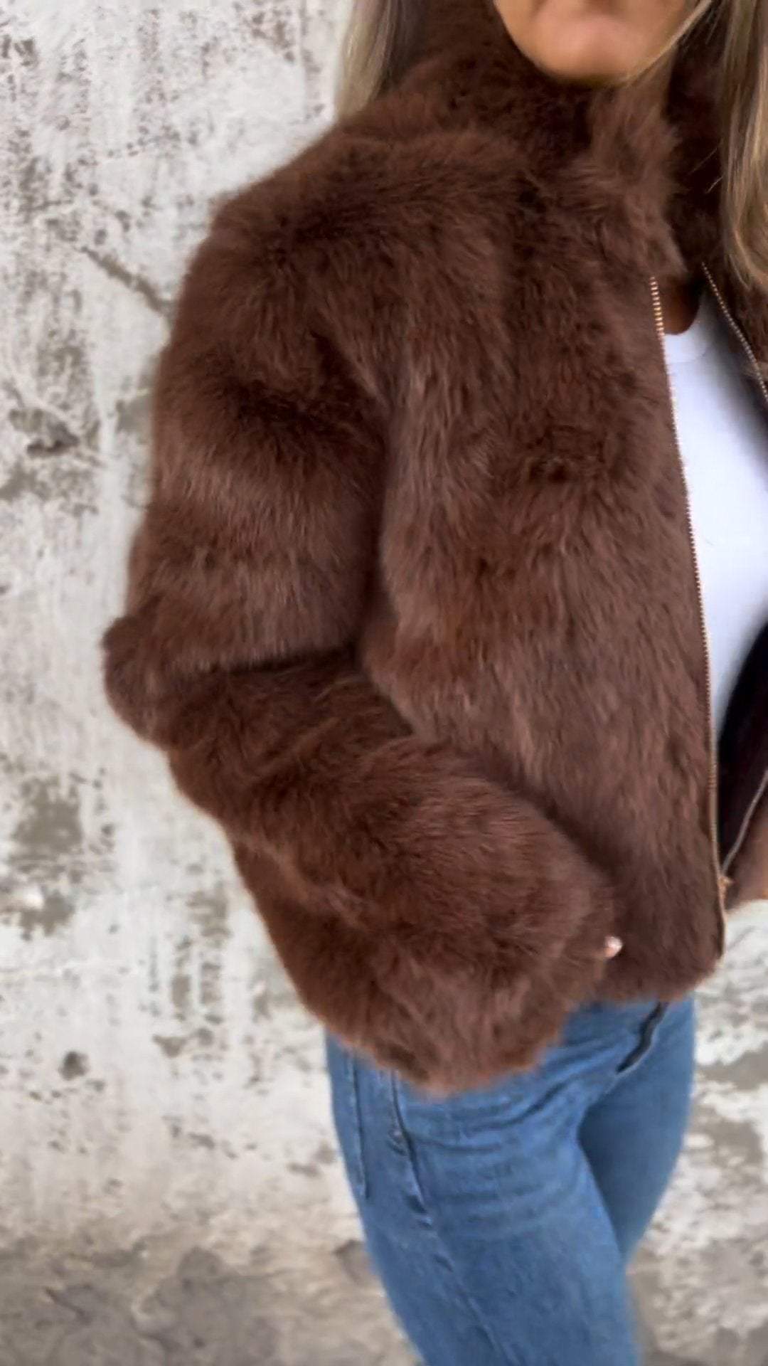 Giacca Casual da Donna con Collo Alto e Cerniera in Pelliccia