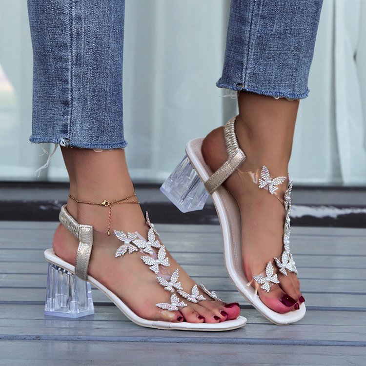 🔥Ultimo giorno di promozione SCONTO del 50% - Sandali con tacco largo e strass a farfalla da donna