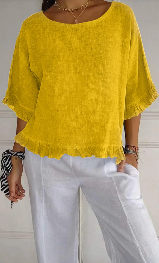 🔥Saldi di liquidazione🔥 Top da donna in cotone e lino con scollo tondo e balze