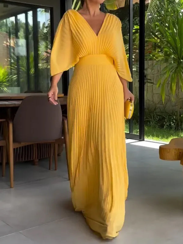NUOVO🔥 Abito a pipistrello con cerniera e fiocco posteriore in chiffon con scollo a V - Tasse Escluse