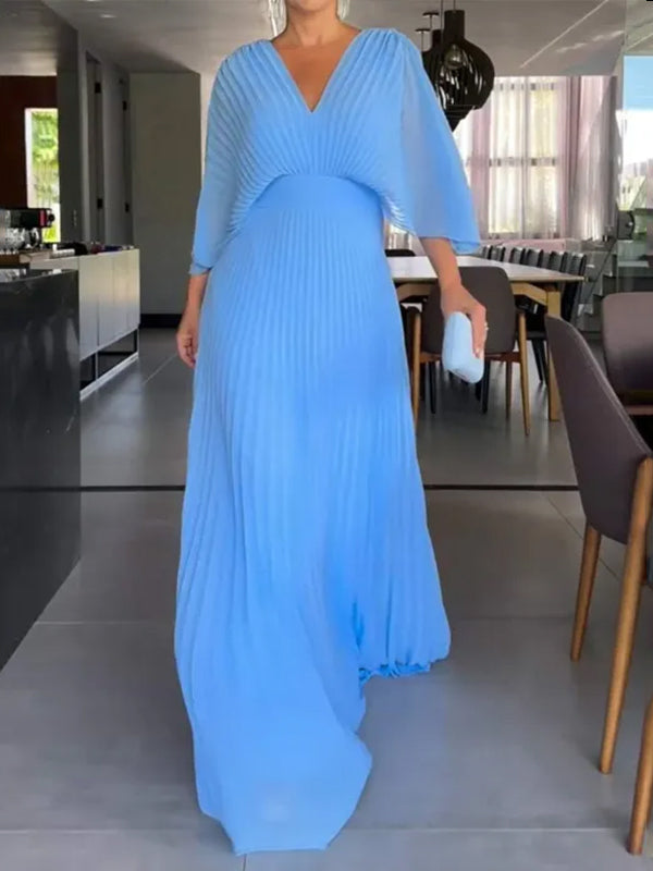 NUOVO🔥 Abito a pipistrello con cerniera e fiocco posteriore in chiffon con scollo a V - Tasse Escluse