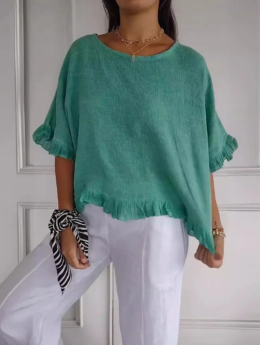 🔥Saldi di liquidazione🔥 Top da donna in cotone e lino con scollo tondo e balze