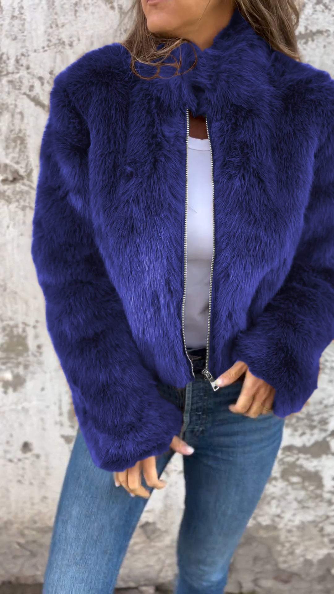 Giacca Casual da Donna con Collo Alto e Cerniera in Pelliccia