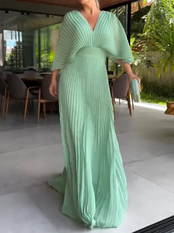 NUOVO🔥 Abito a pipistrello con cerniera e fiocco posteriore in chiffon con scollo a V - Tasse Escluse