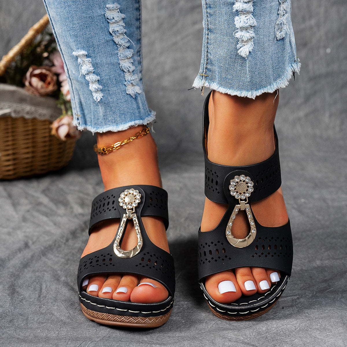 Orthopedic Rhinestones Heel Sandals