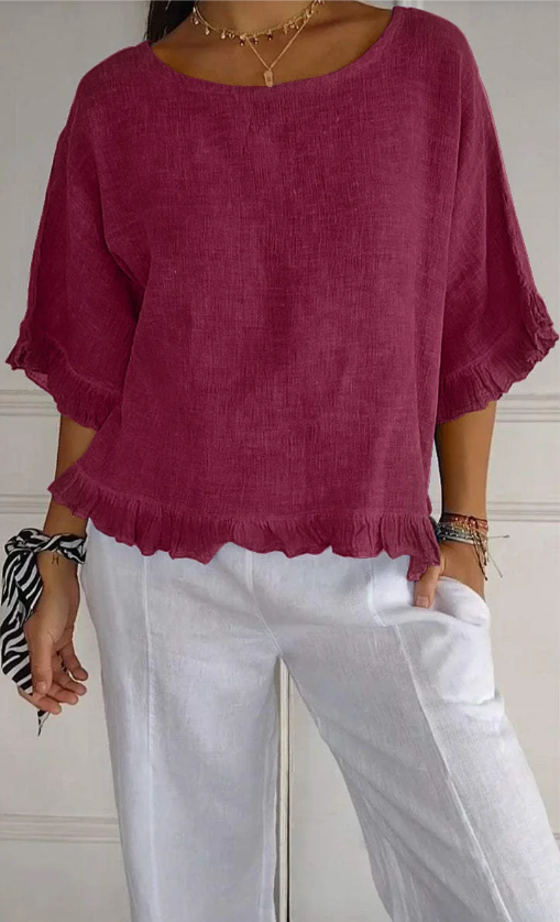 🔥Saldi di liquidazione🔥 Top da donna in cotone e lino con scollo tondo e balze