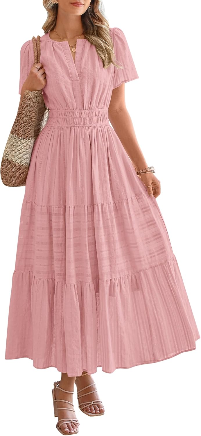 OCCASIONE SPECIALE Donna Estate Leggero Manica Corta Scollo a V Casual Abiti Midi Maxi