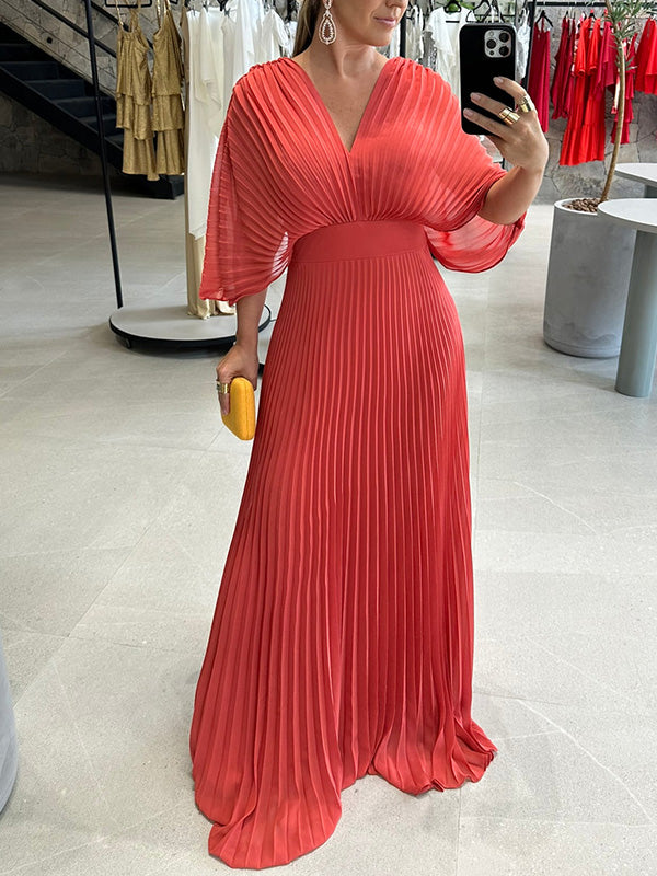 NUOVO🔥 Abito a pipistrello con cerniera e fiocco posteriore in chiffon con scollo a V - Tasse Escluse