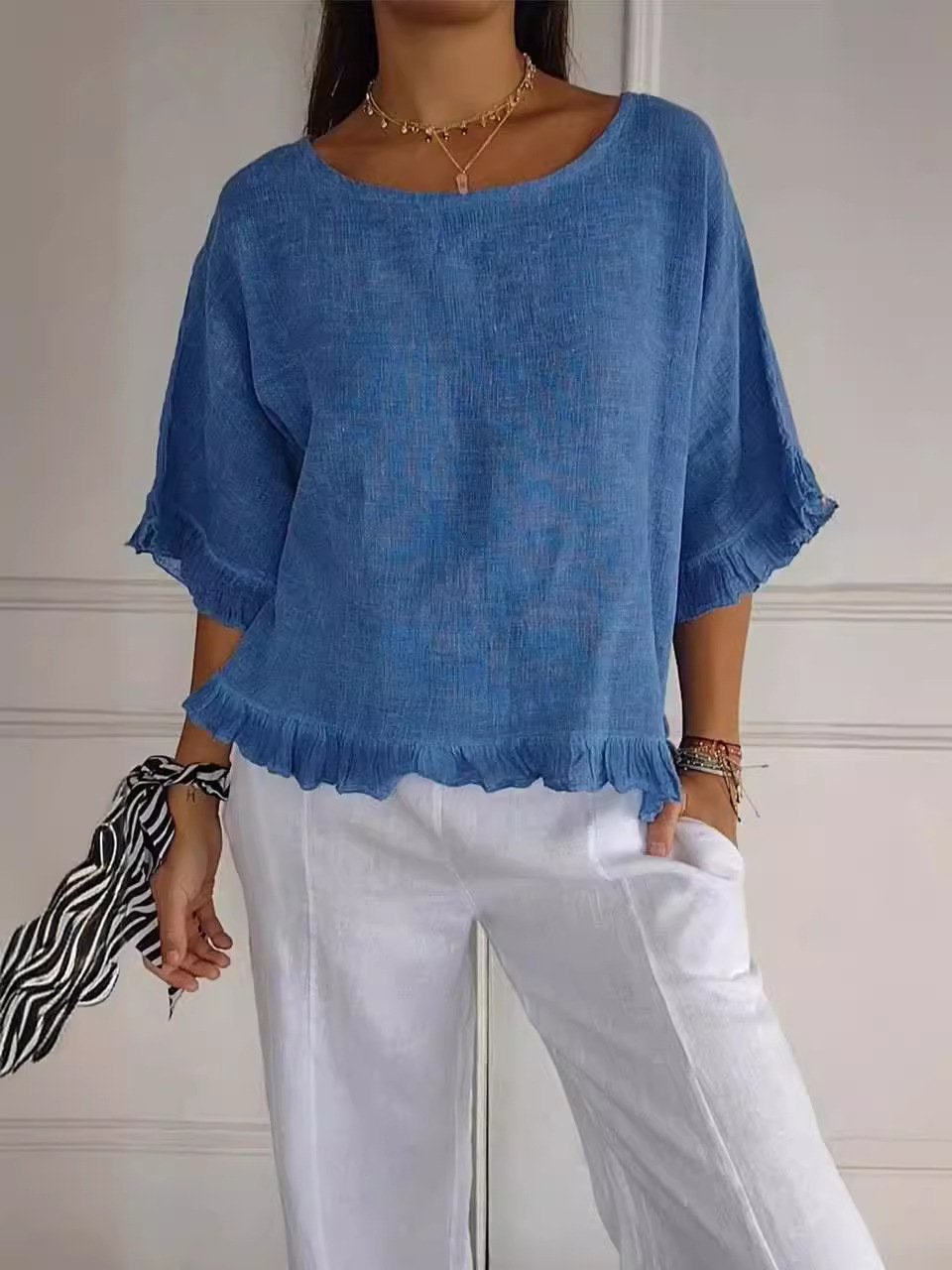 🔥Saldi di liquidazione🔥 Top da donna in cotone e lino con scollo tondo e balze