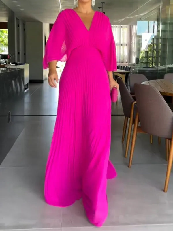 NUOVO🔥 Abito a pipistrello con cerniera e fiocco posteriore in chiffon con scollo a V - Tasse Escluse