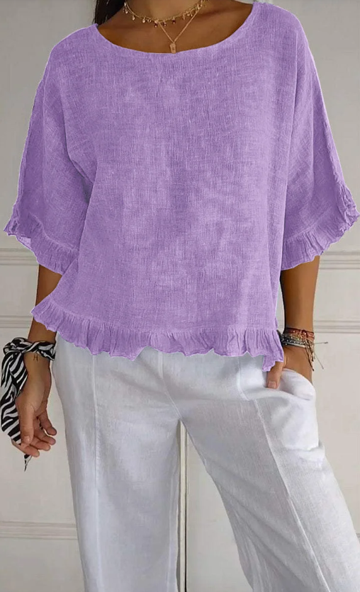 🔥Saldi di liquidazione🔥 Top da donna in cotone e lino con scollo tondo e balze