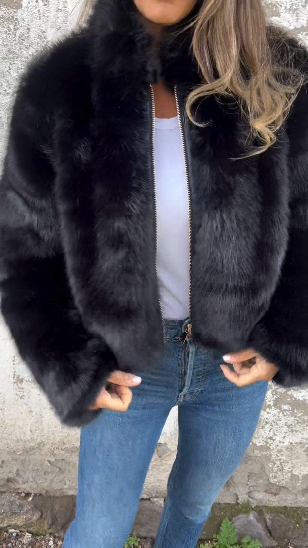 Giacca Casual da Donna con Collo Alto e Cerniera in Pelliccia