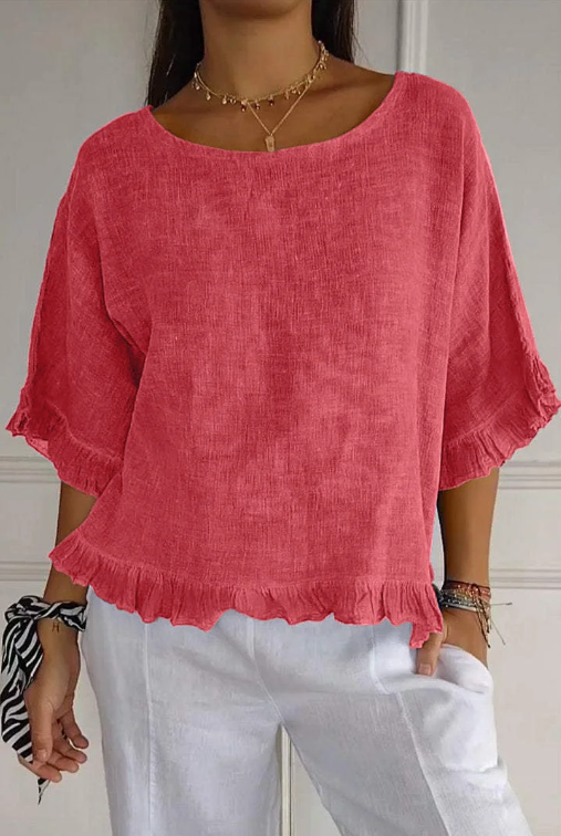 🔥Saldi di liquidazione🔥 Top da donna in cotone e lino con scollo tondo e balze